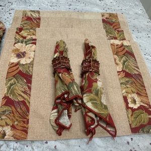 Set of Four Red and Tan Floral Placemats with Cloth Napkins and Red Beaded Napki